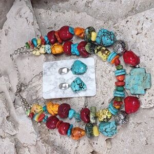 Southwestern Style Turquoise/Coral/Howlite Necklace & Earrings